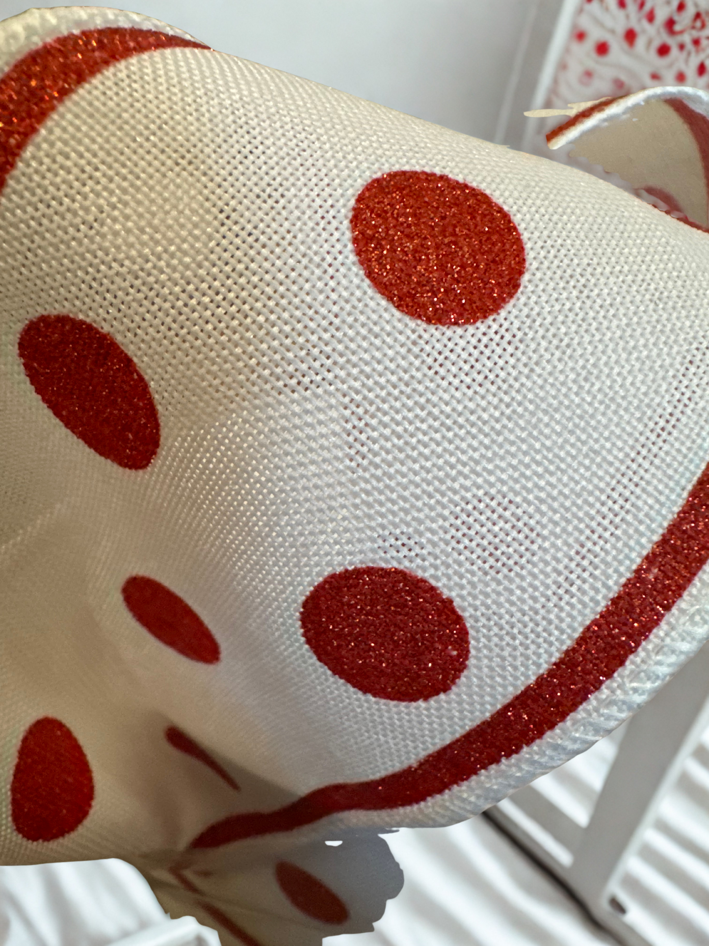 2.5" White Wire Edge Ribbon with Red Glitter Polka Dots and Red Glitter Borders 10-yard roll