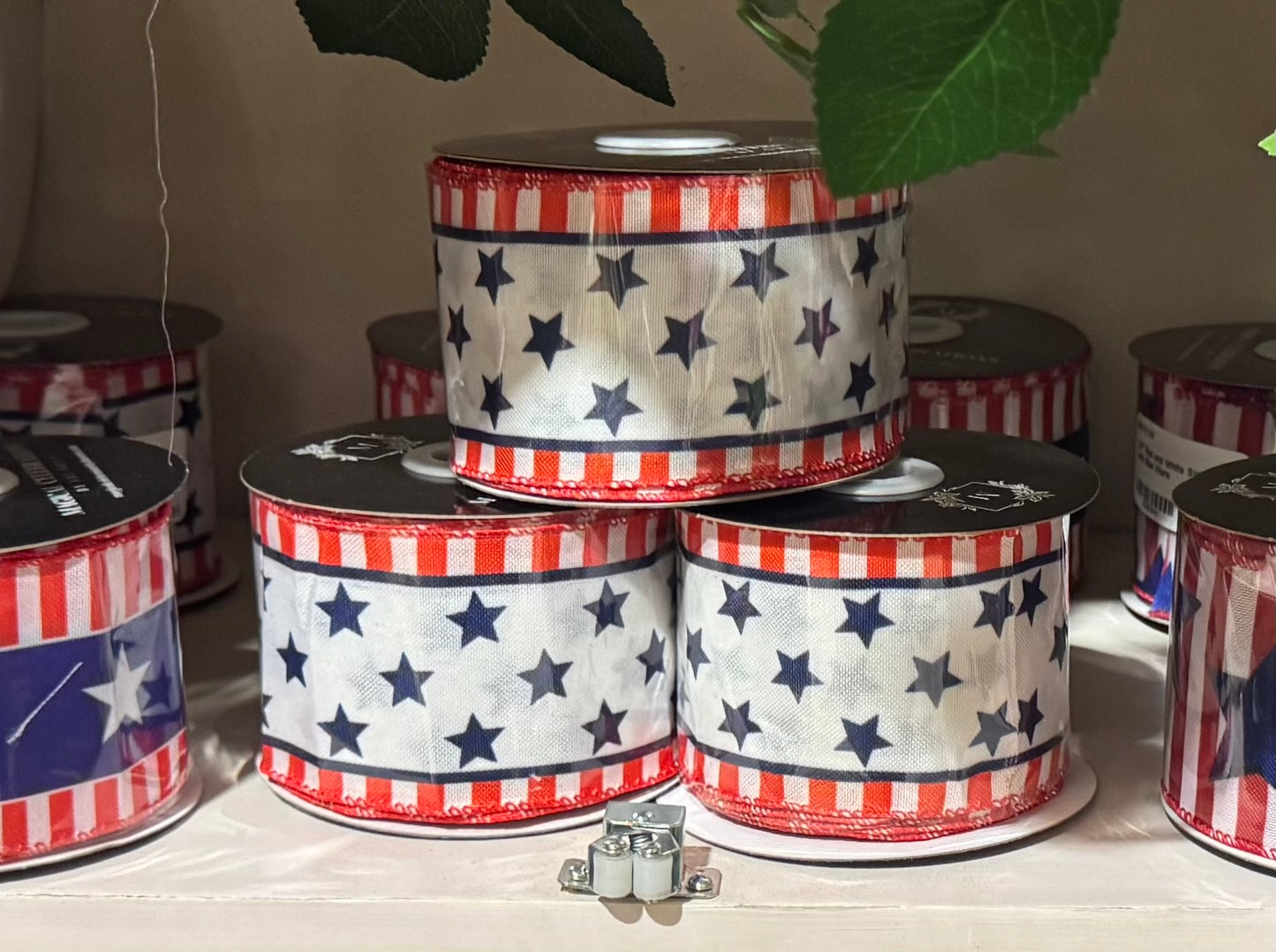 2.5 Inch Red/White Border with Blue Stars Wire Edge Ribbon
