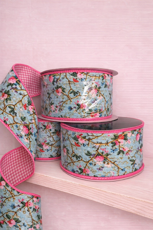 2.5" Flowers on Blue w/Gingham back