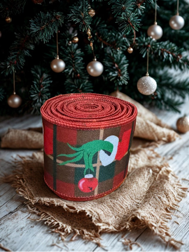 2.5 Inch Grinch hand on plaid Wire Edge Ribbon