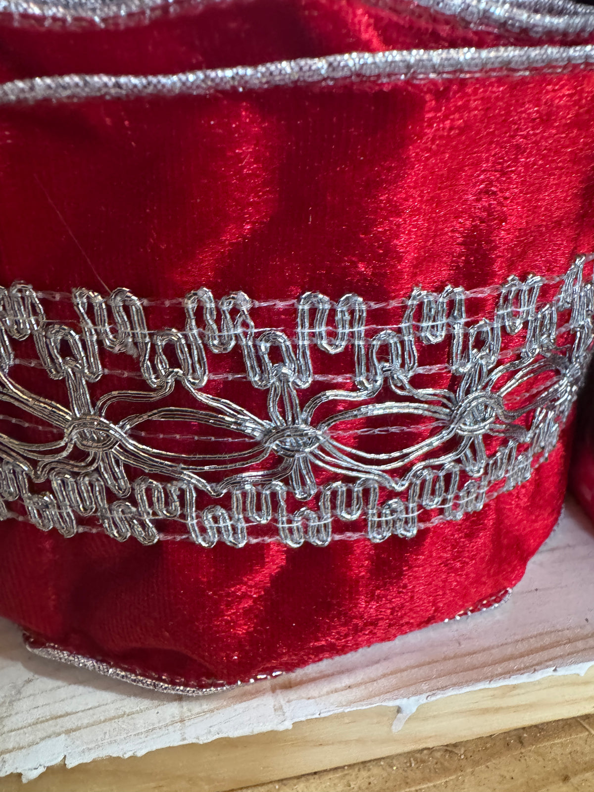 4" Red Velvet Ribbon with Silver Embroidered Scrollwork – 10 Yard Roll
