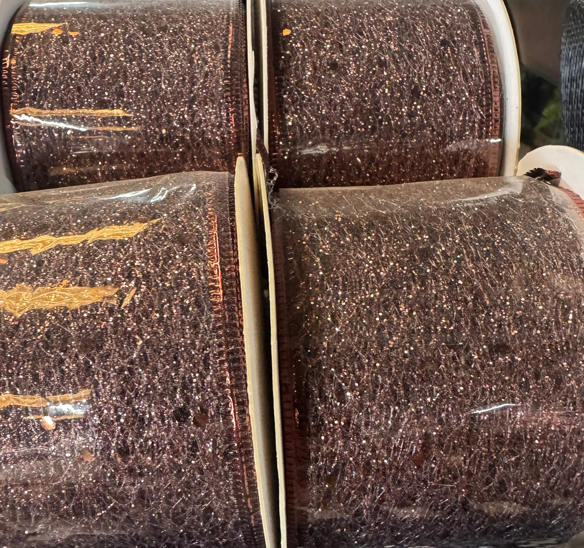 2.5 inch Bronze Glitter Lace Pattern Wire Edge Ribbon
