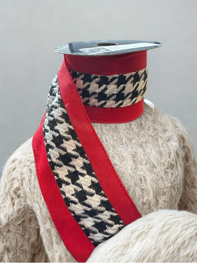 Black and White Houndstooth pattern with Red Border Wire Edge Ribbon 2.5 Inch Wide