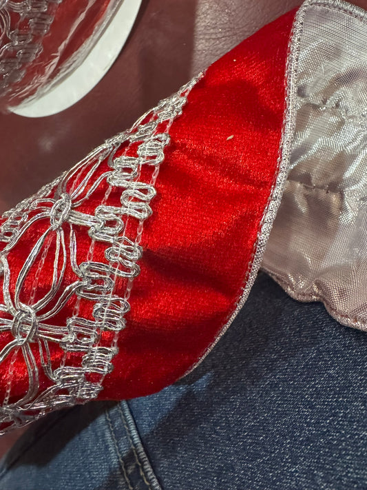 4" Red Velvet Ribbon with Silver Embroidered Scrollwork – 10 Yard Roll