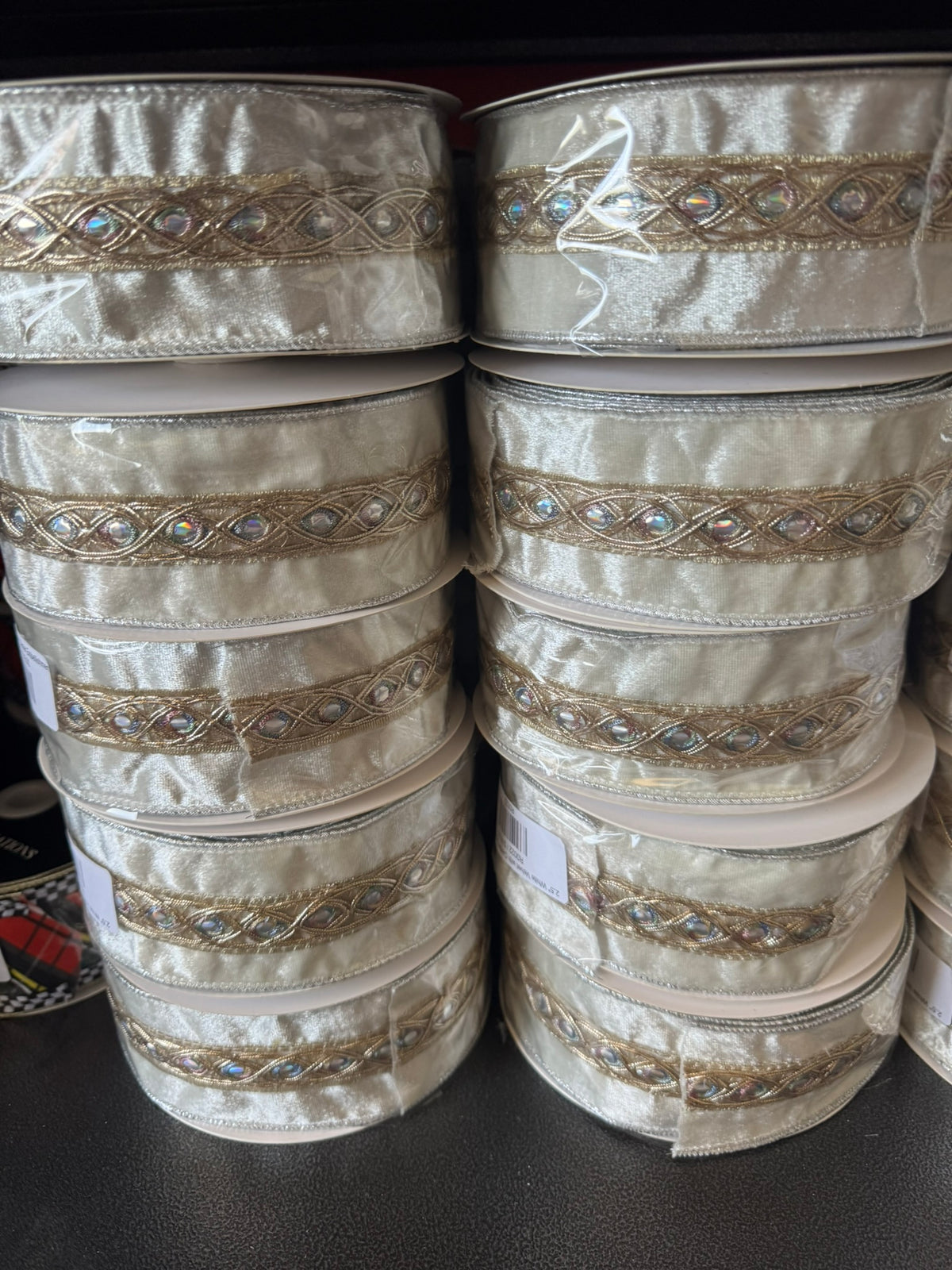 2.5" White Velvet Ribbon with Regal Gold Center and Gold Edge