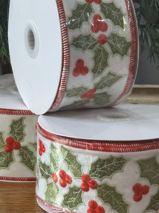 2.5" Embroidered Holly Ribbon for Christmas Bows & Décor – White, Red & Green
