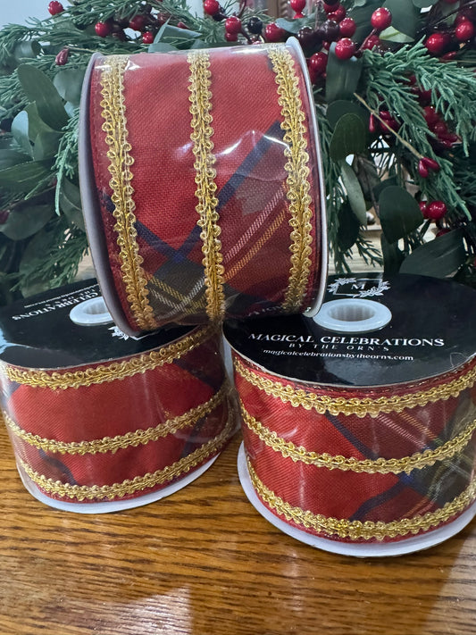 2.5" Plaid Wire Edge Ribbon w/Gold RickRack Design