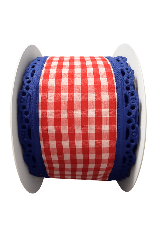2.5" Patriotic Gingham Ribbon w Blue Lace Trim