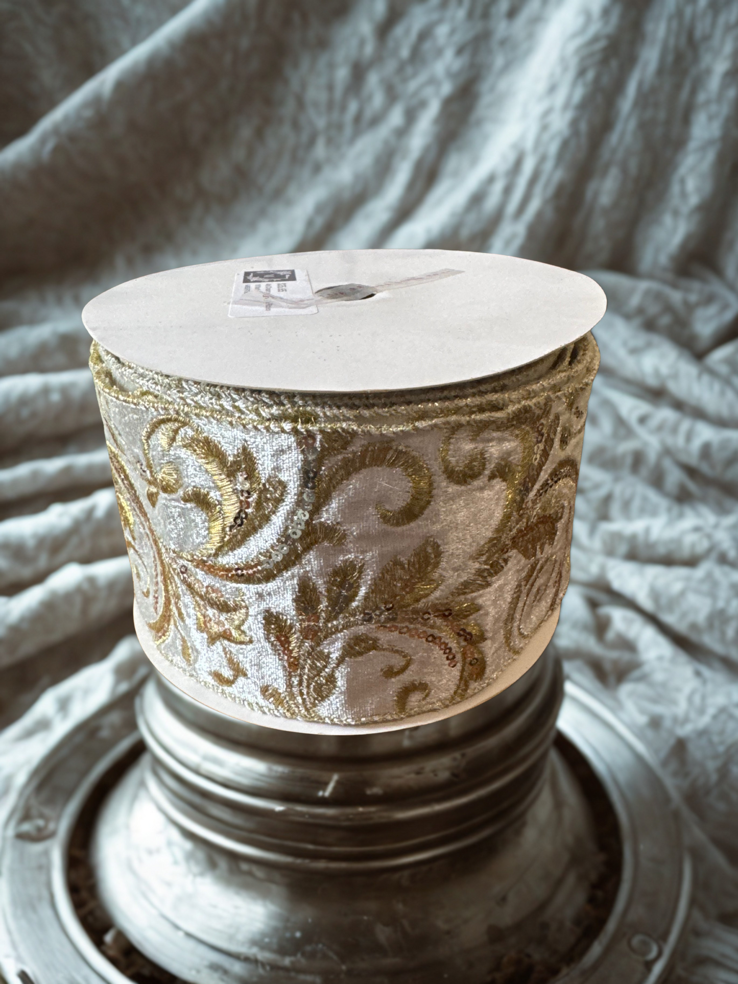 4" Cream Velvet Ribbon with Gold Victorian Embroidery – 4" x 10 Yards