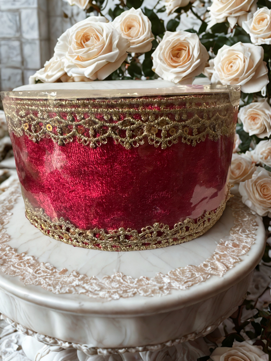 2.5-inch Red Velvet Ribbon with Gold Embellished Border – 2.5" x 10 Yards