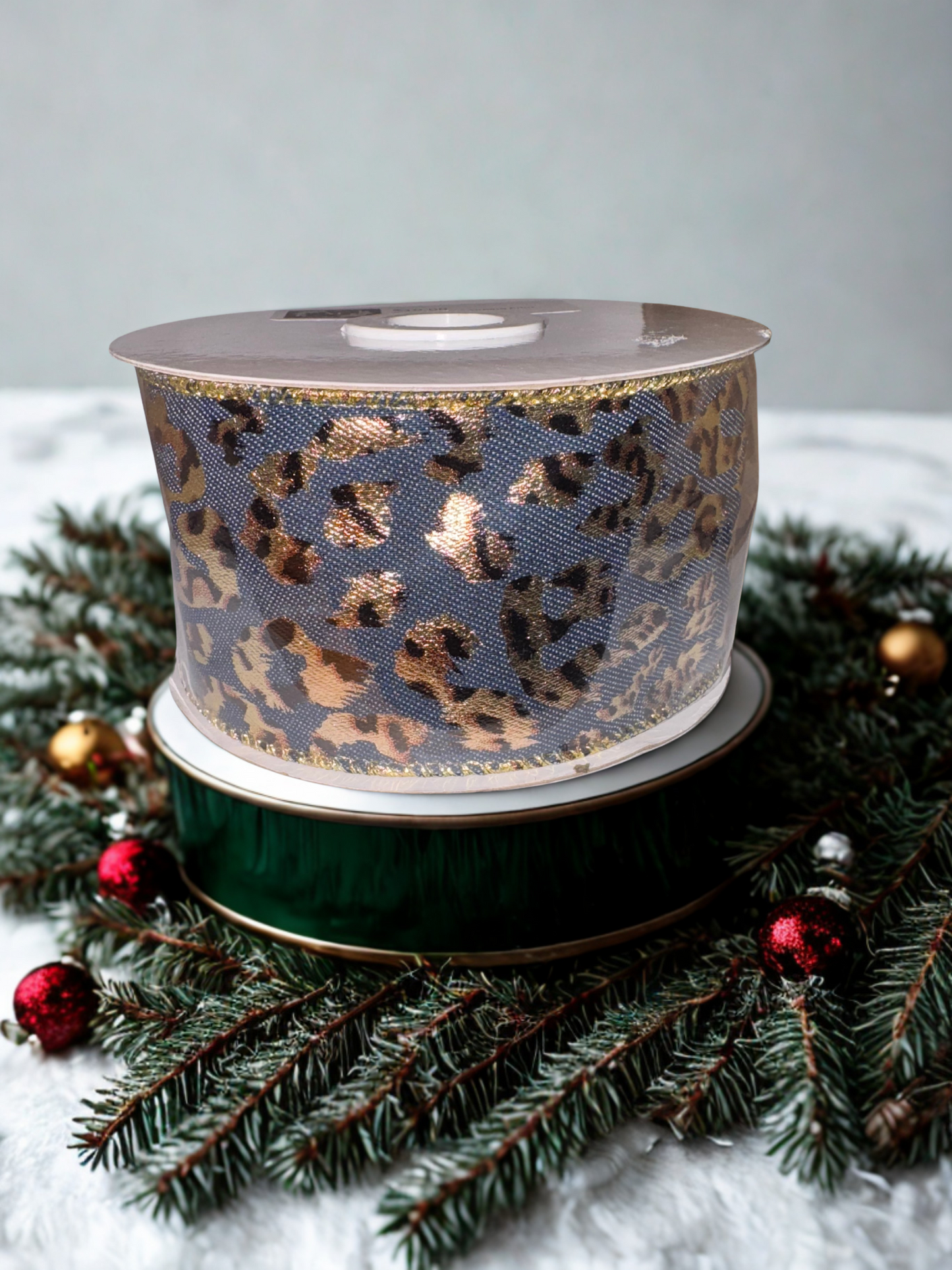 2.5" Denim Wire Edge Ribbon with Gold Leopard Pattern 2.5" X 10 Yards