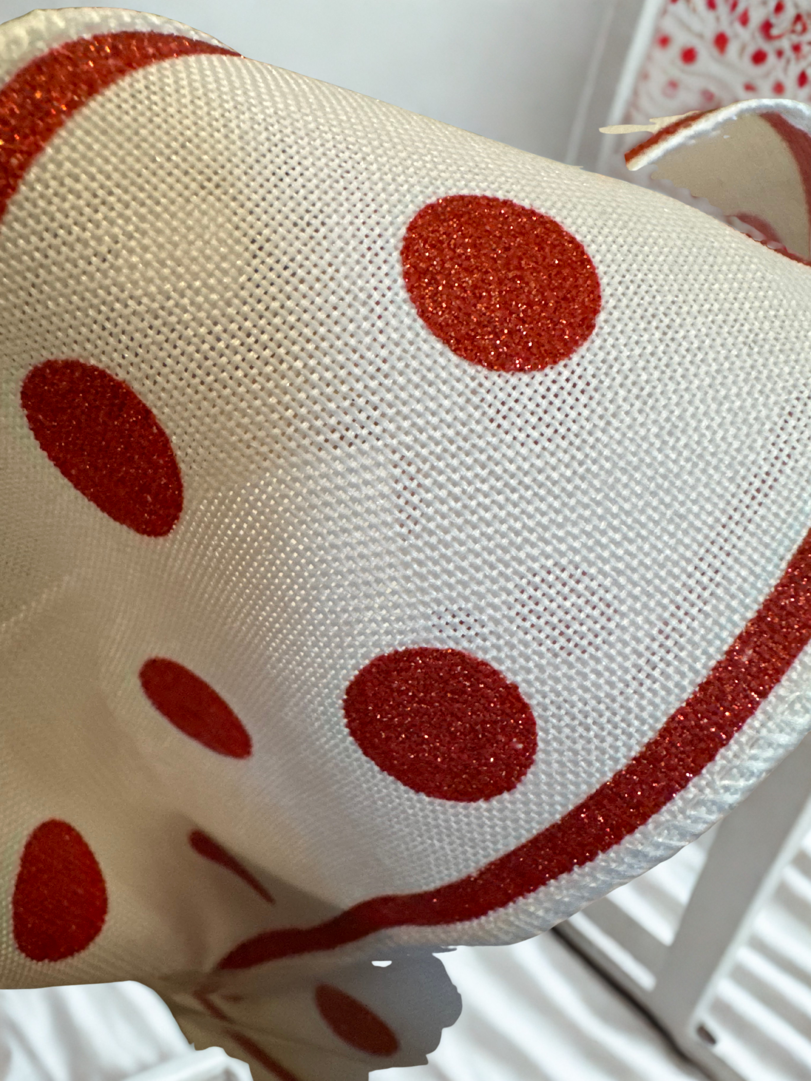 2.5" White Wire Edge Ribbon with Red Glitter Polka Dots and Red Glitter Borders 10-yard roll