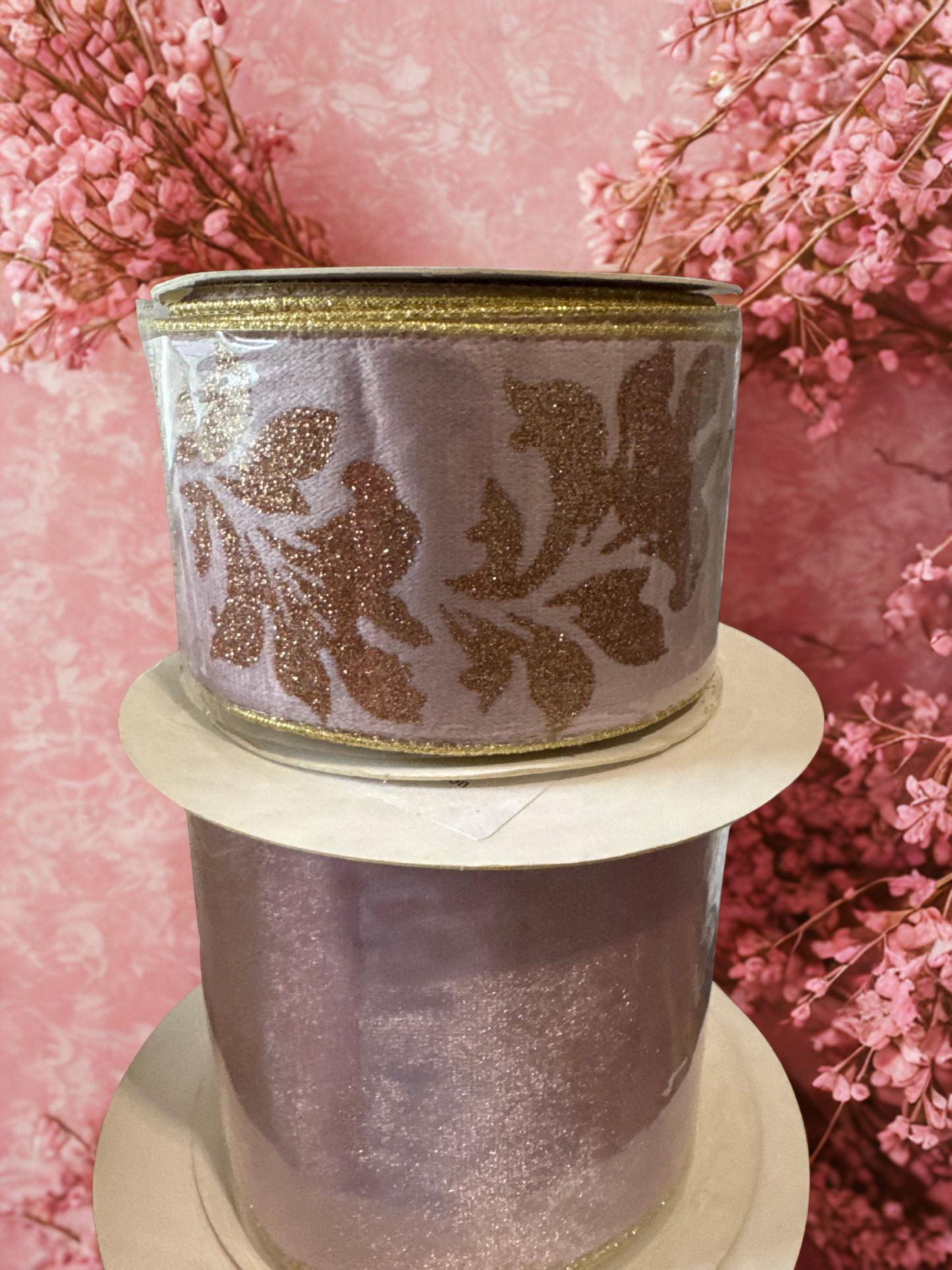 2.5-inch Luxury Pink Velvet Ribbon with Gold Leaf Glitter & Gold Edge – 2.5" x 10 Yards