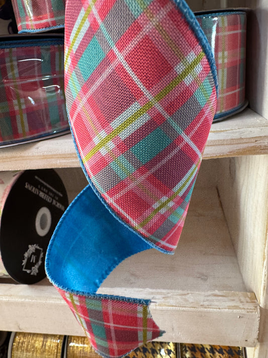2.5" Pink/Blue Plaid w/Blue Satin Back