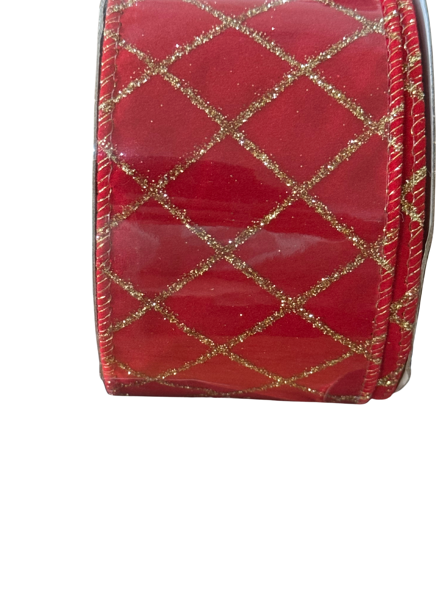 2.5" Red Velvet Ribbon with Gold Glitter Lattice and Sparkle Back – Wired Edge