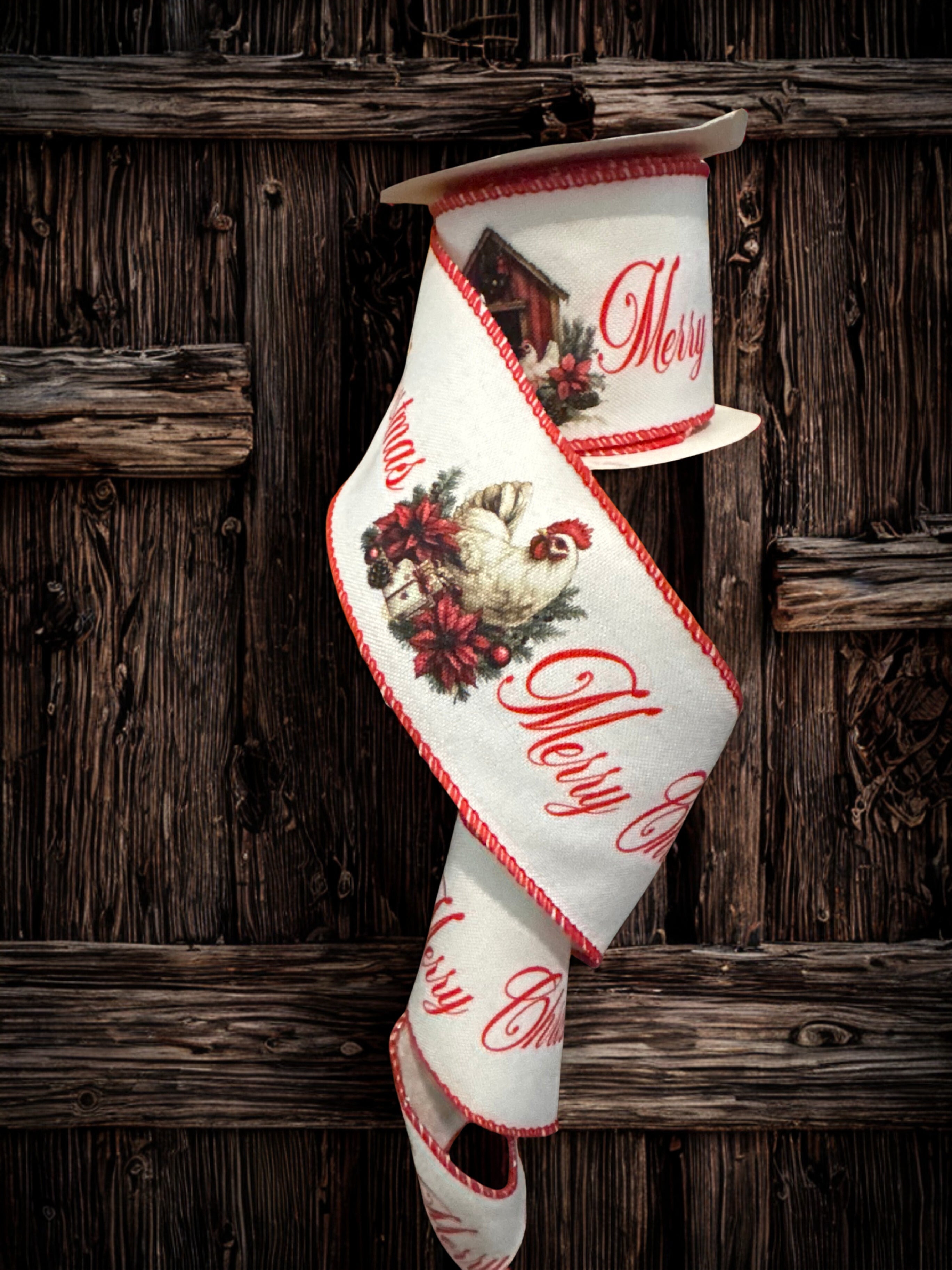 2.5" Wire Edge Ribbon – Merry Christmas Chicken Ribbon 2.5" X 10 yards