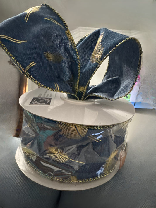 2.5" Denim Wire Edge Ribbon with Gold Feather Design 2.5" X 10 Yards