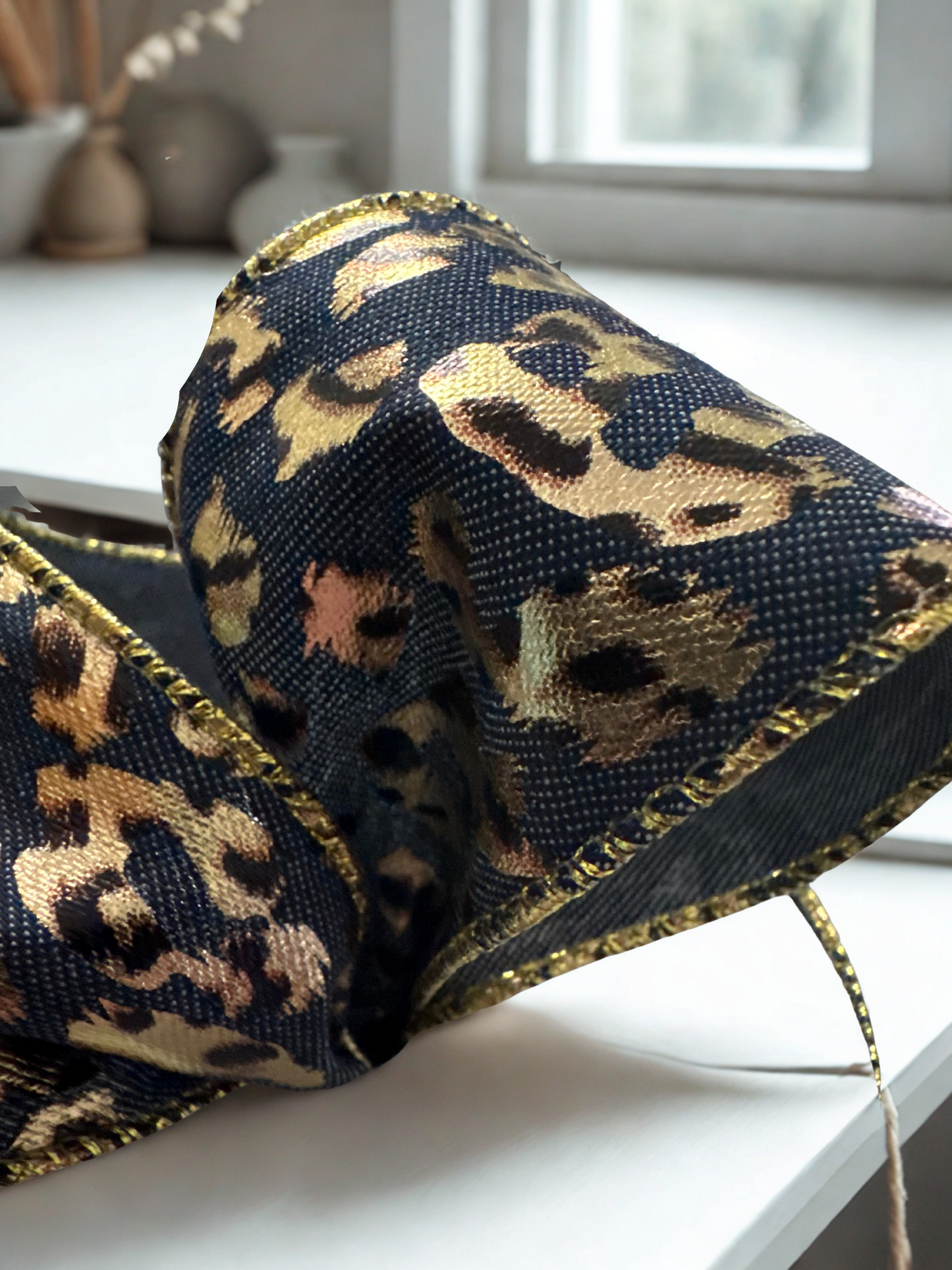 2.5" Denim Wire Edge Ribbon with Gold Leopard Pattern 2.5" X 10 Yards