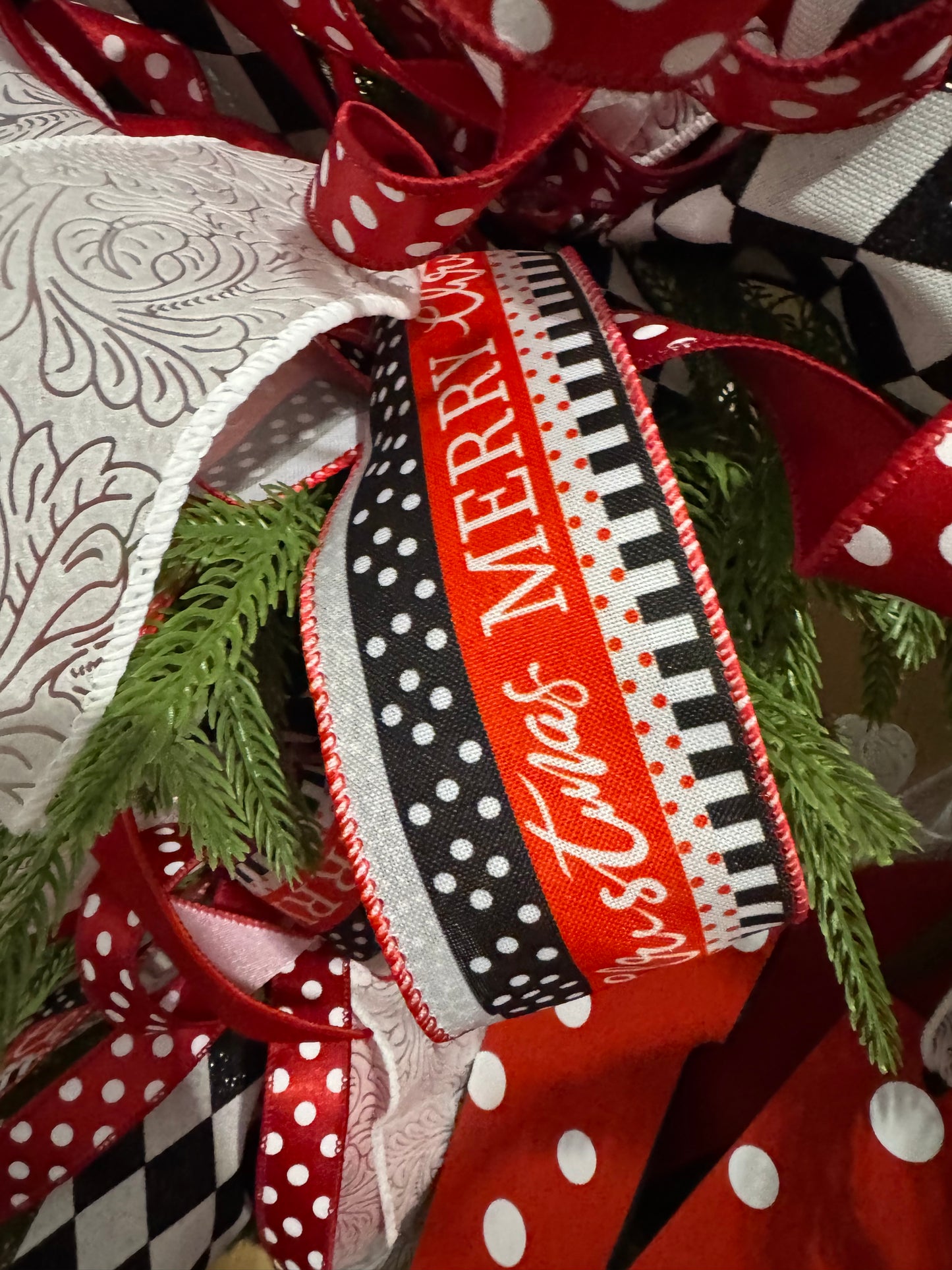 Red White and Black Merry Christmas Ribbon with White and Red Polka Dots 2.5 inch Wire Edge Ribbon