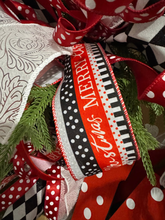 Red White and Black Merry Christmas Ribbon with White and Red Polka Dots 2.5 inch Wire Edge Ribbon