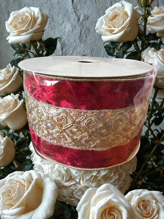 4-inch Red Velvet Ribbon with Gold Embellishments & Sequins – 4" x 10 Yards