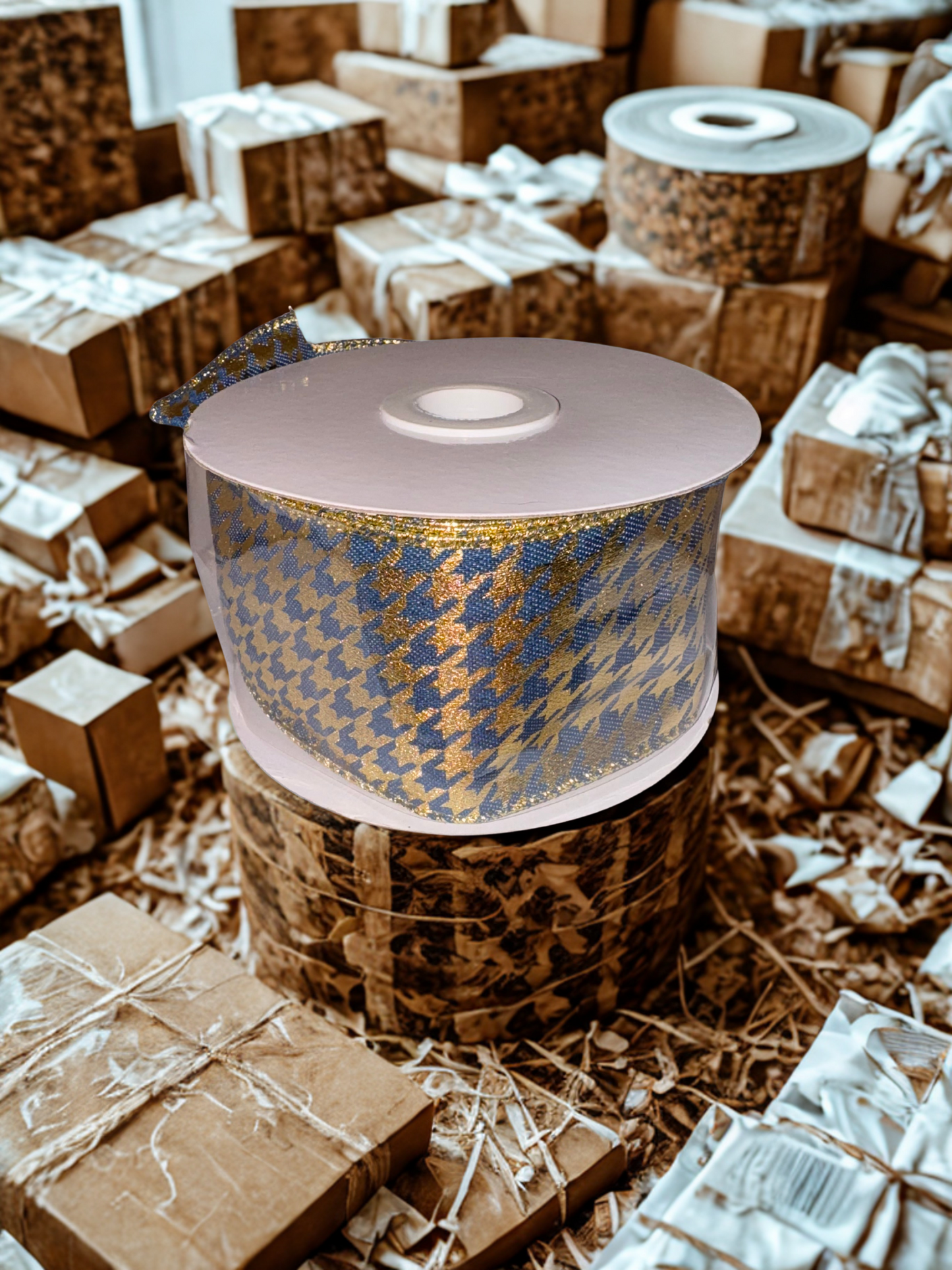 2.5" Denim Wire Edge Ribbon with Gold Overlay and Houndstooth Pattern 2.5" X 10 Yards
