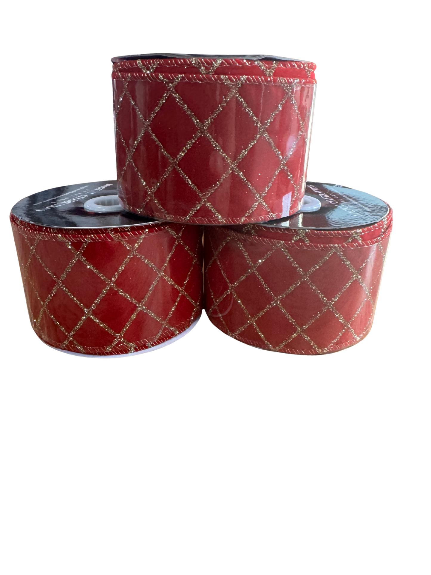 2.5" Red Velvet Ribbon with Gold Glitter Lattice and Sparkle Back – Wired Edge