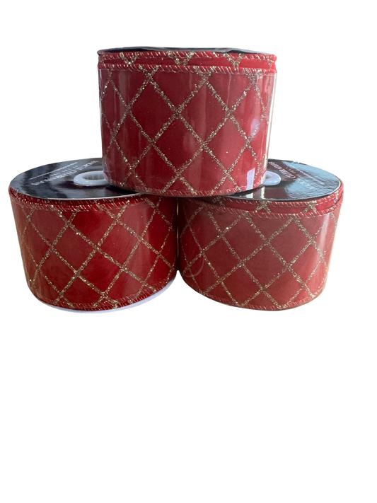2.5" Red Velvet Ribbon with Gold Glitter Lattice and Sparkle Back – Wired Edge