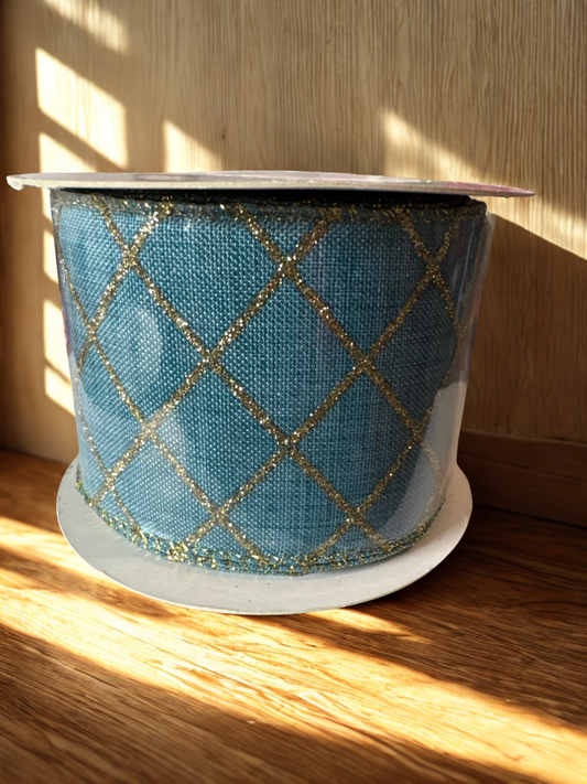 2.5" Teal Blue Fabric Ribbon with Gold Glitter Diamond Pattern – 2.5" x 10 Yards