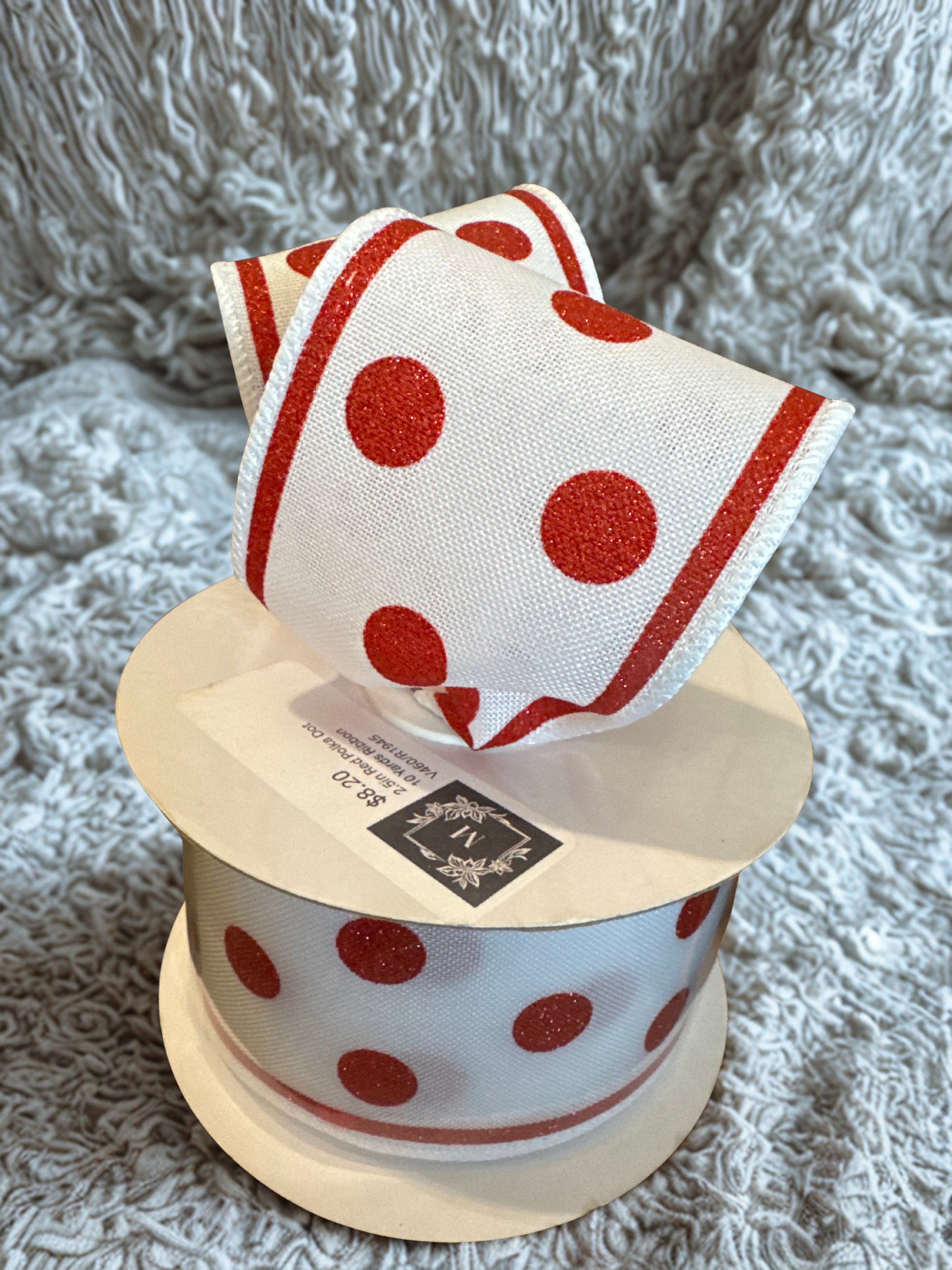 2.5" White Wire Edge Ribbon with Red Glitter Polka Dots and Red Glitter Borders 10-yard roll
