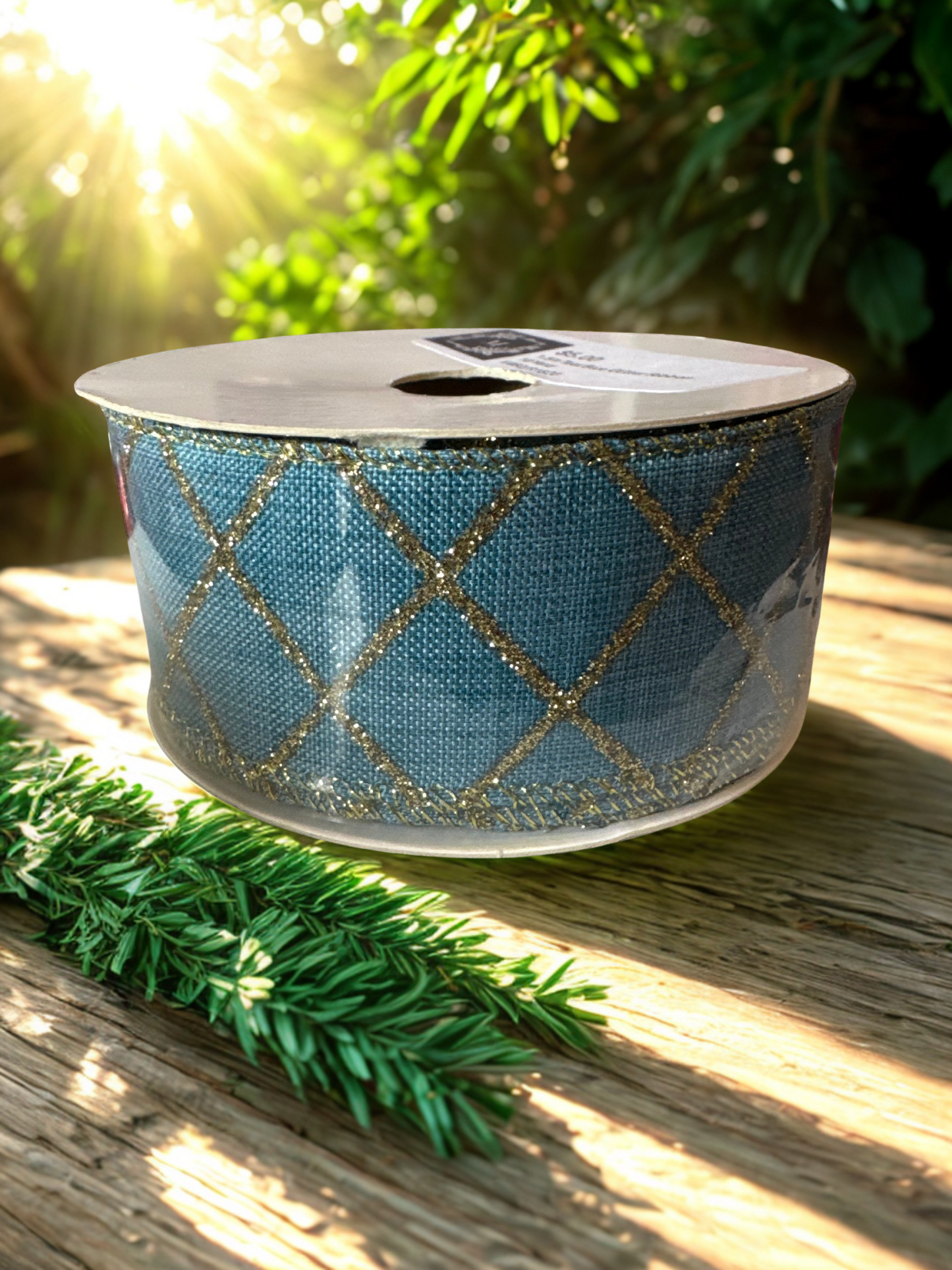 1.5" Teal Blue Fabric Ribbon with Gold Glitter Diamond Pattern – 1.5" x 10 Yards