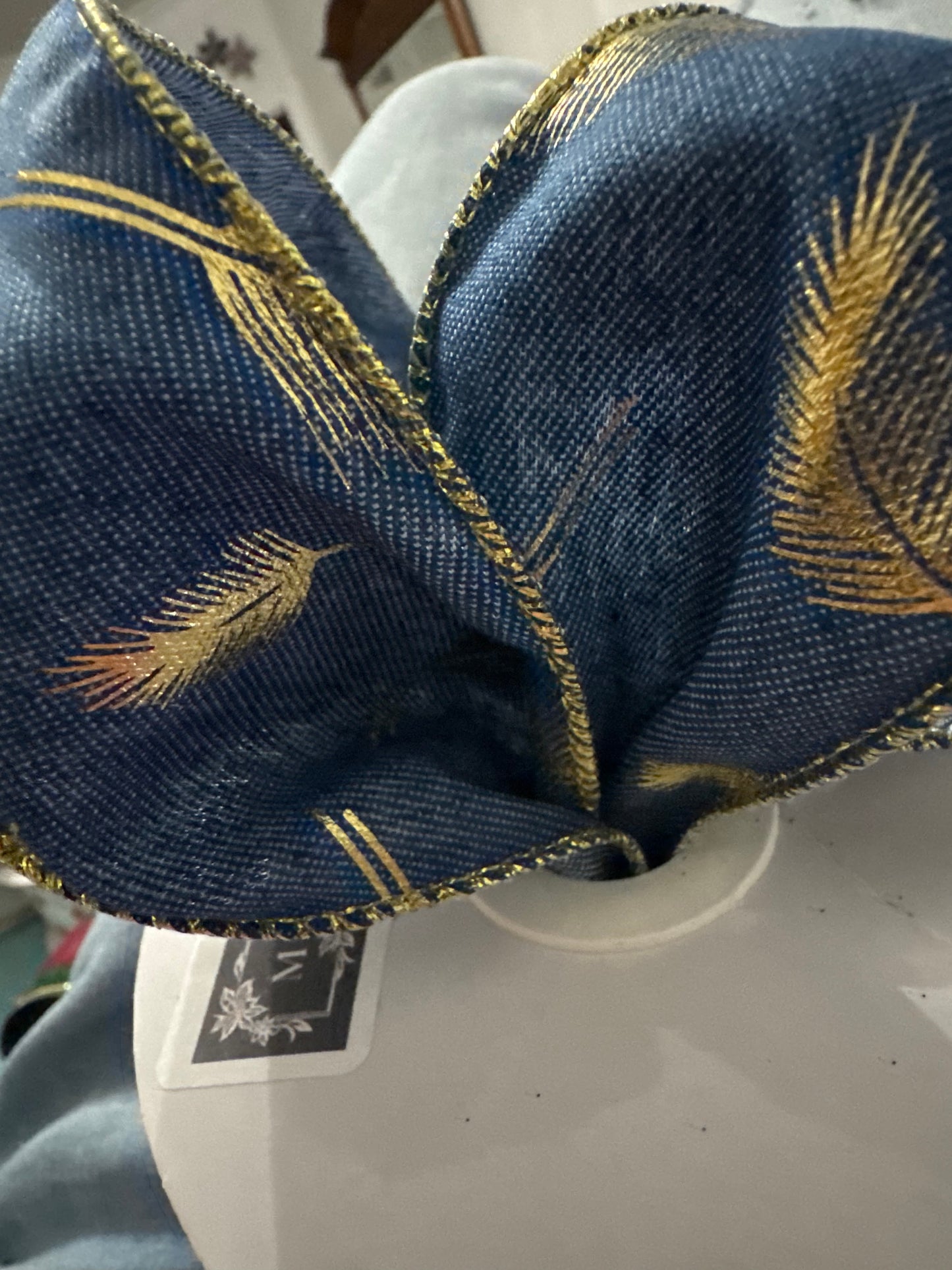 2.5" Denim Wire Edge Ribbon with Gold Feather Design 2.5" X 10 Yards