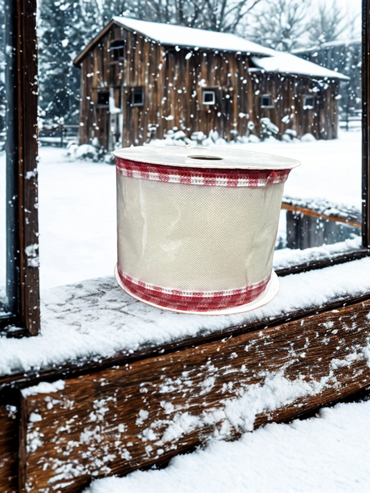 2.5 inch White Ribbon with Red/White Edge 10 yard Roll