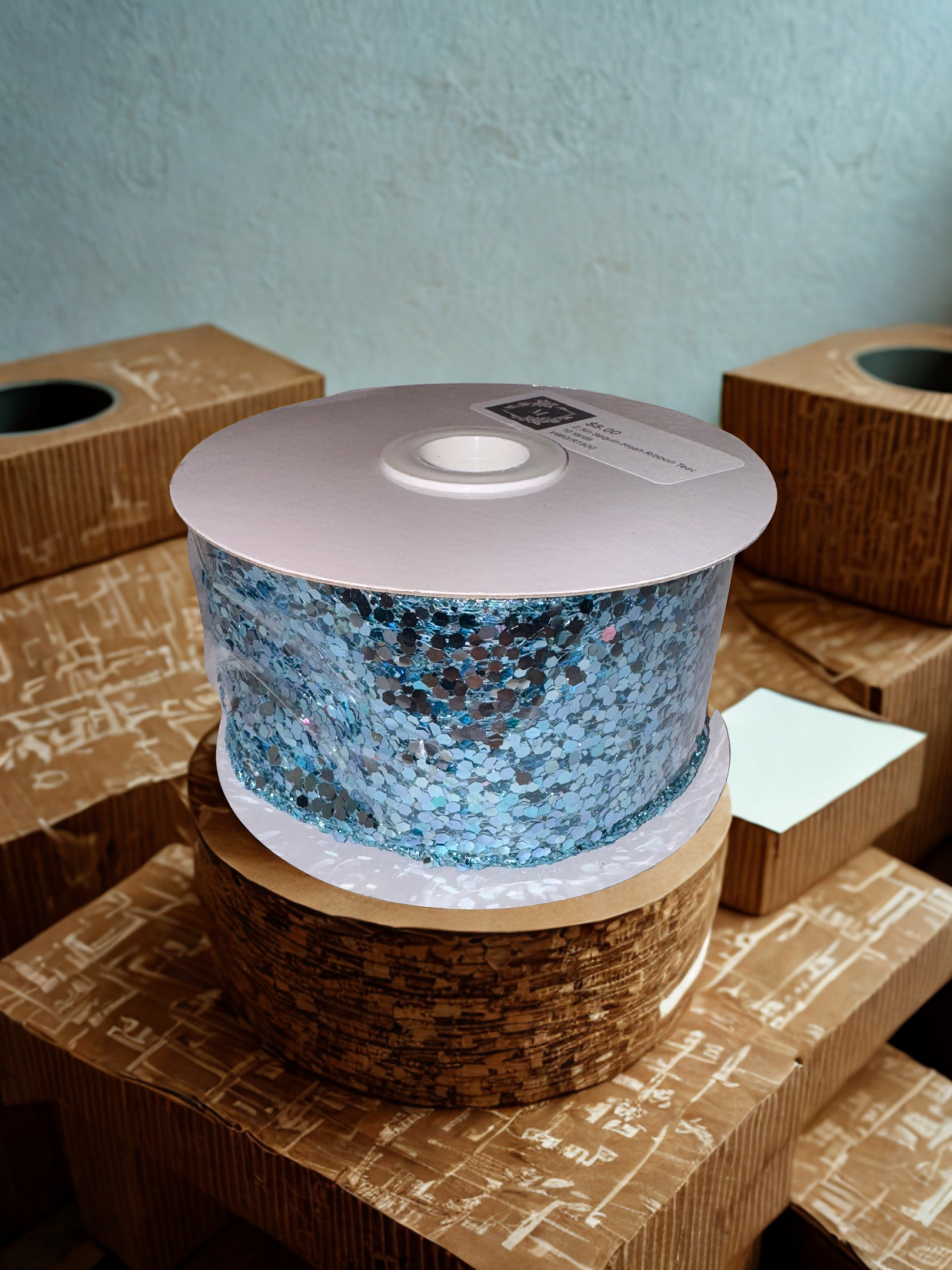 2.5in Blue Transparent Sequin Wire Edge Ribbon