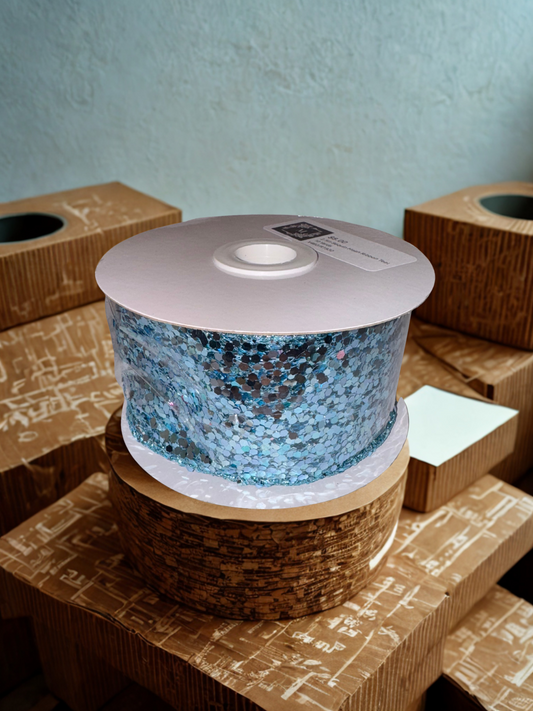 2.5in Blue Transparent Sequin Wire Edge Ribbon