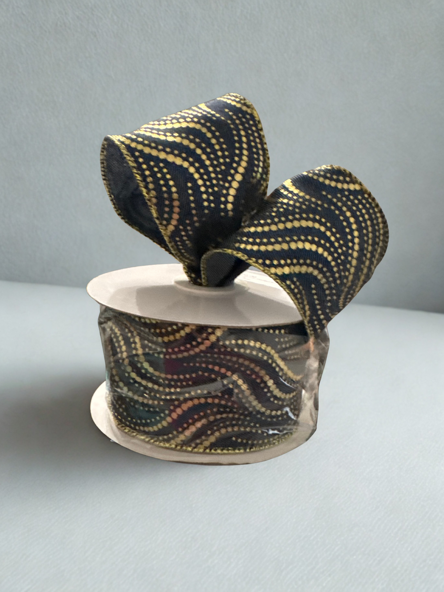 2.5" Denim Wire Edge Ribbon with Geometric Circle Swirl Design 2.5" X 10 Yards