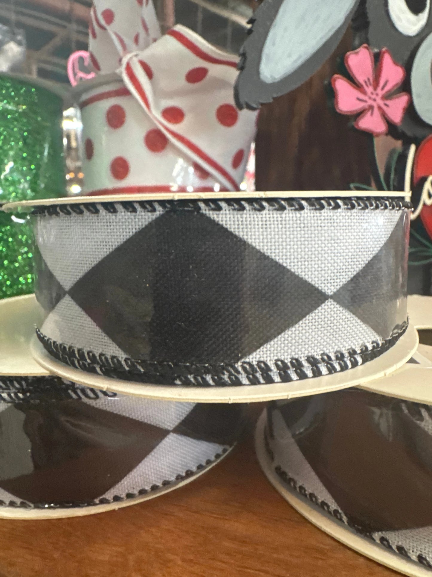 1.5 inch Black and White Harlequin Wire Edge Ribbon