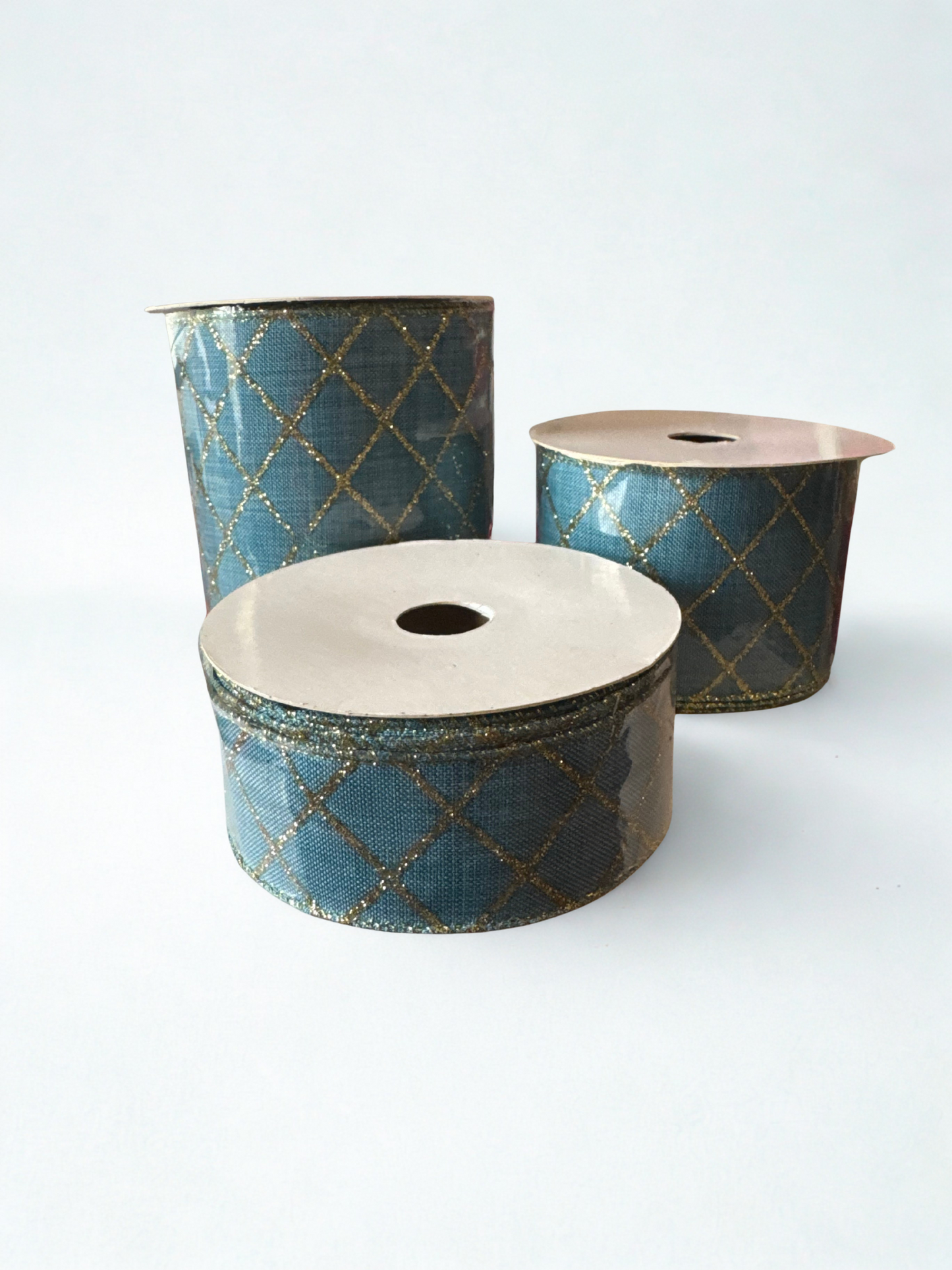 1.5" Teal Blue Fabric Ribbon with Gold Glitter Diamond Pattern – 1.5" x 10 Yards