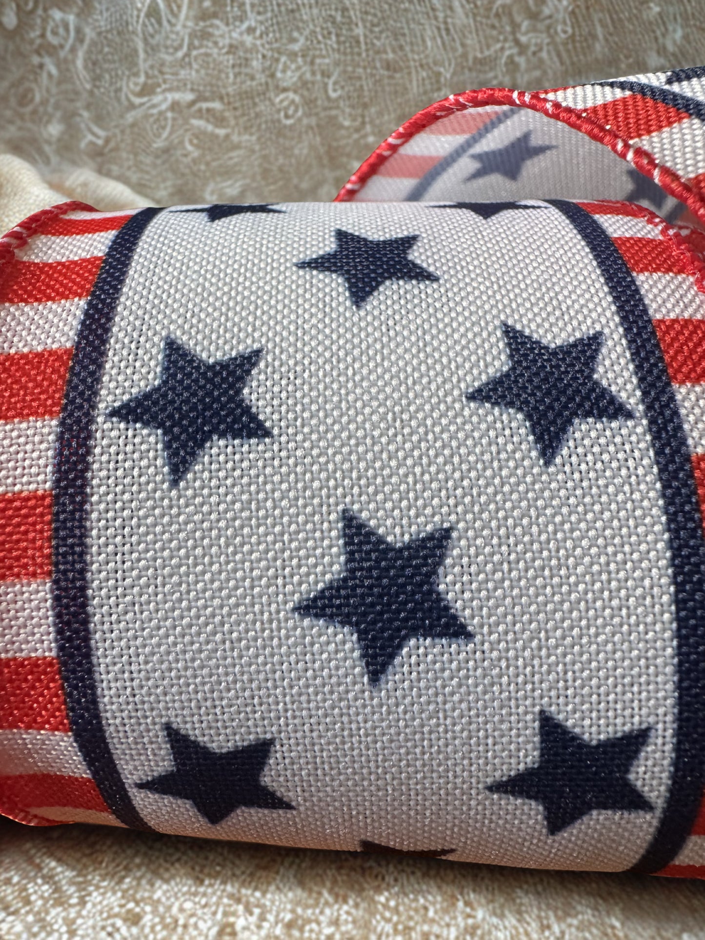 2.5 Inch Red/White Border with Blue Stars Wire Edge Ribbon