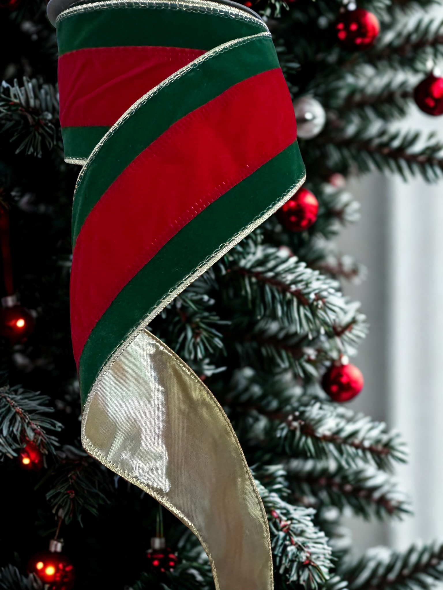 Green Velvet Ribbon with Red Center & Gold Back – 2.5" x 10 Yards