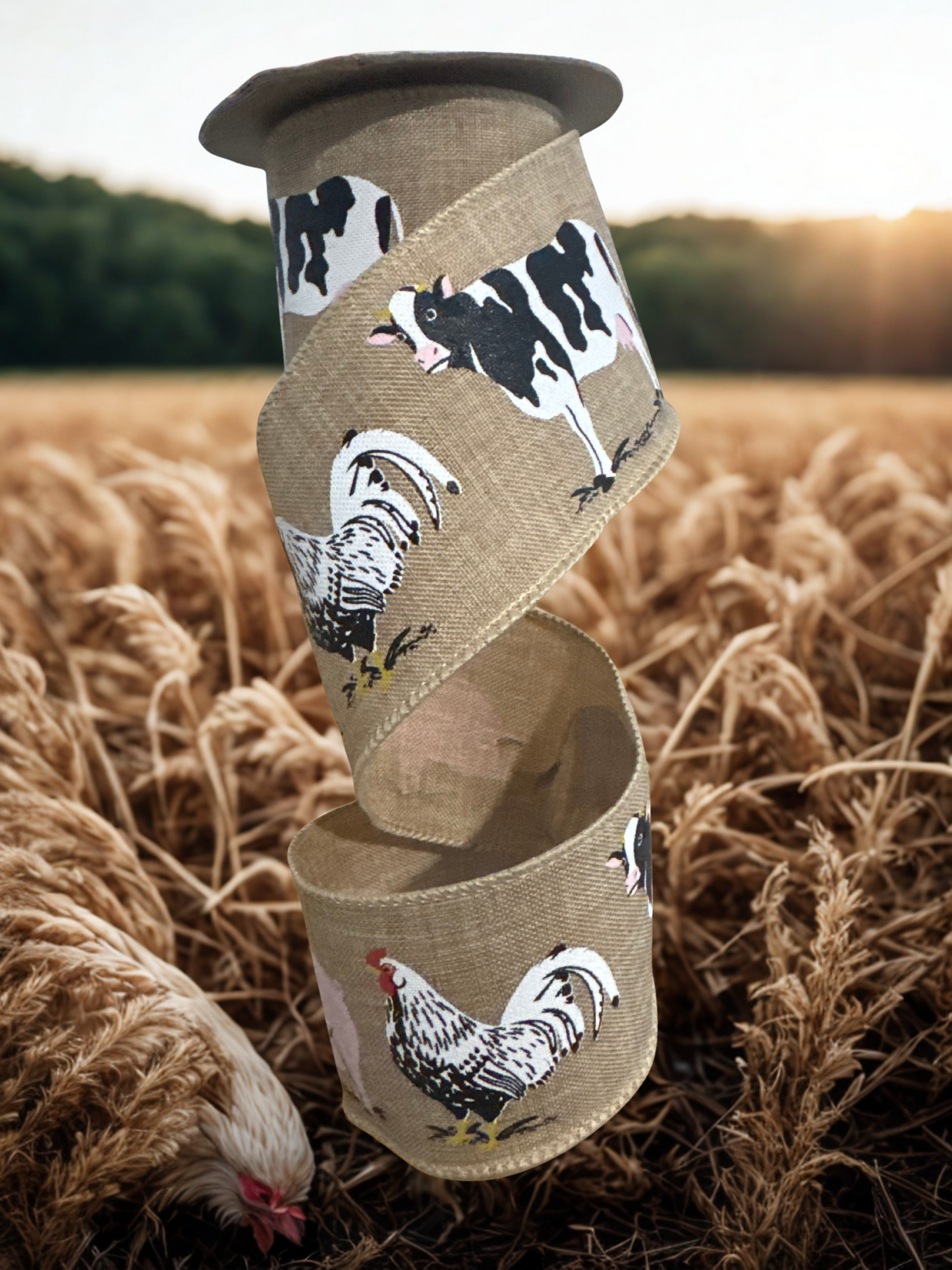 2.5 Inch Rooster, Cow, Pig Fine linen Burlap Wire Edge Ribbon, 10 yard roll