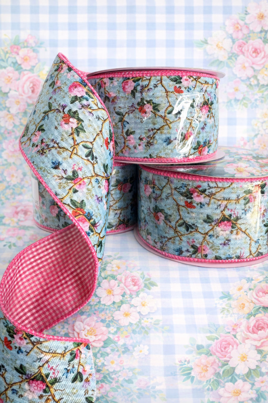 2.5" Flowers on Blue w/Gingham back