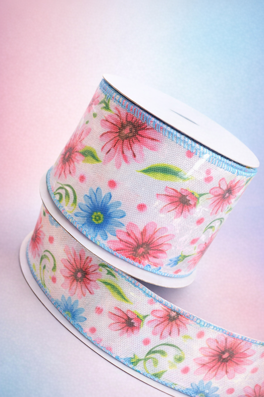 2.5" Wire‑Edge Daisy Ribbon – Blue & Pink