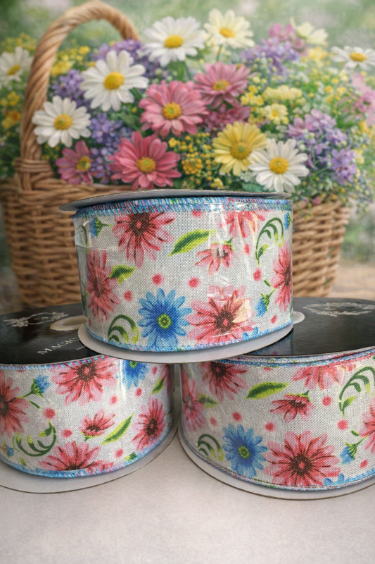 2.5" Wire‑Edge Daisy Ribbon – Blue & Pink