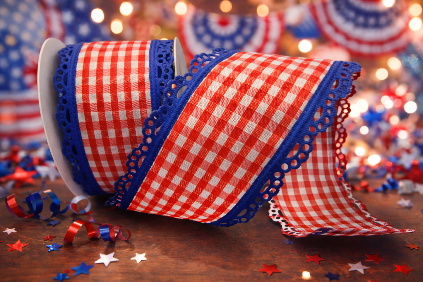 2.5" Patriotic Gingham Ribbon w Blue Lace Trim