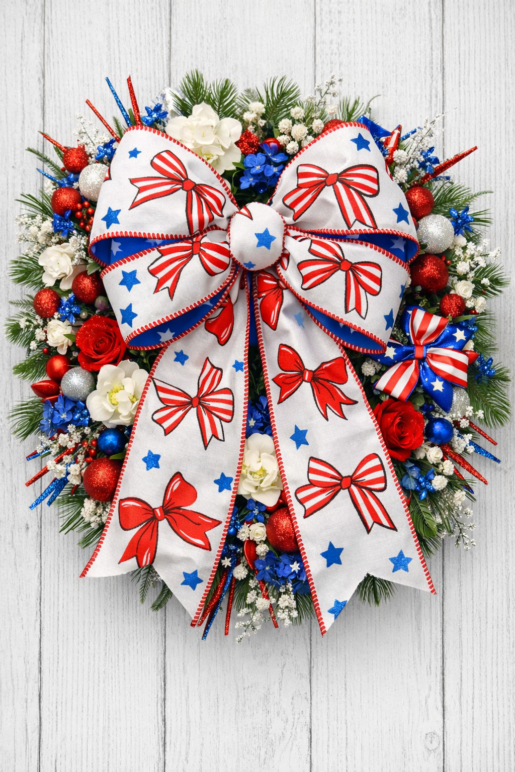 4" Dual Side Patriotic Bows & Blue Stars