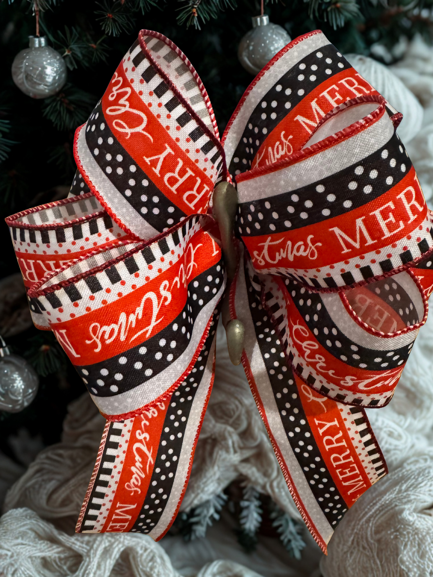 Red White and Black Merry Christmas Ribbon with White and Red Polka Dots 2.5 inch Wire Edge Ribbon