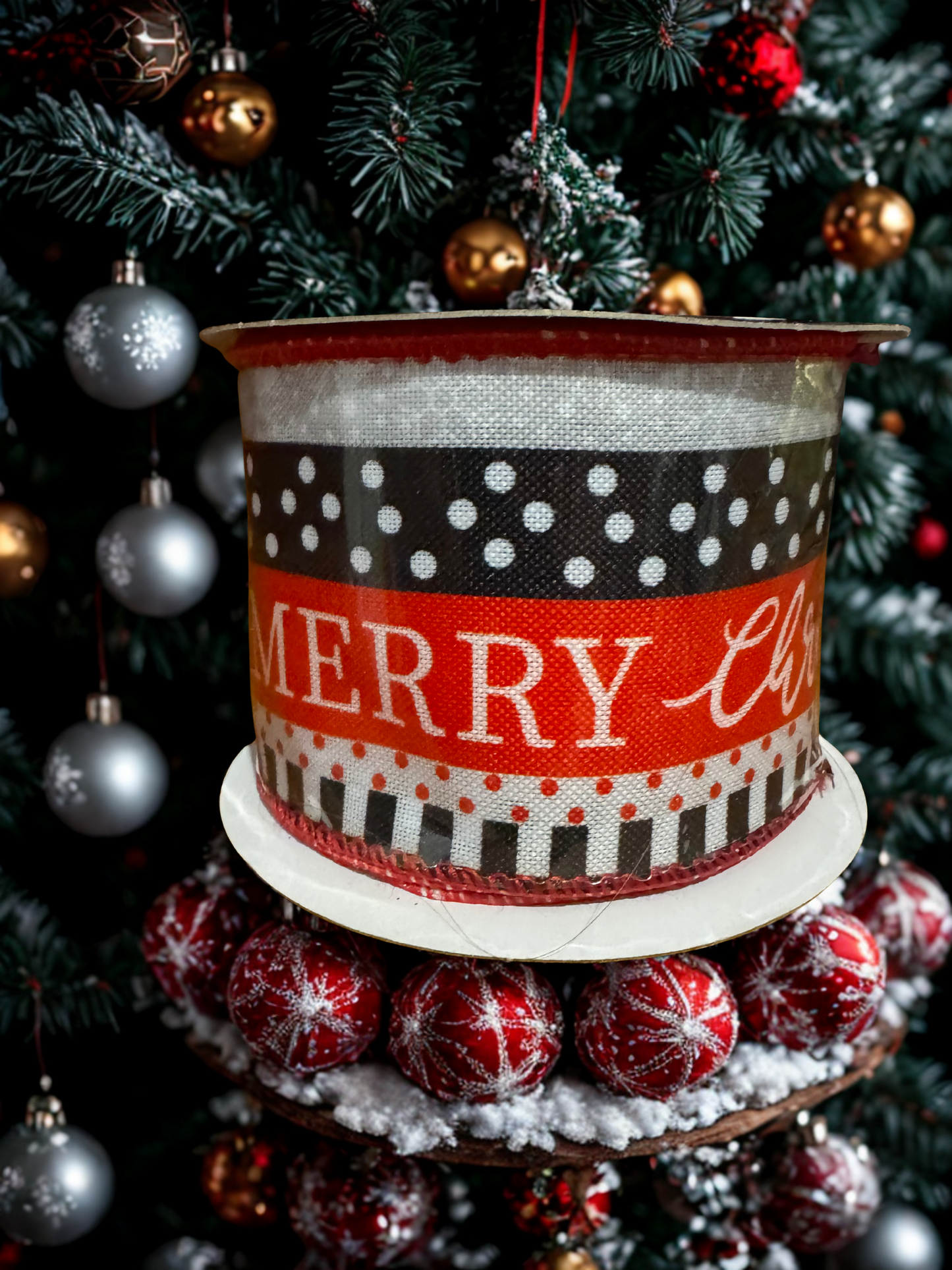 Red White and Black Merry Christmas Ribbon with White and Red Polka Dots 2.5 inch Wire Edge Ribbon