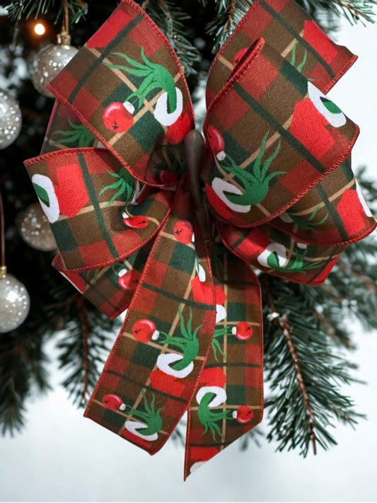 2.5 Inch Grinch hand on plaid Wire Edge Ribbon