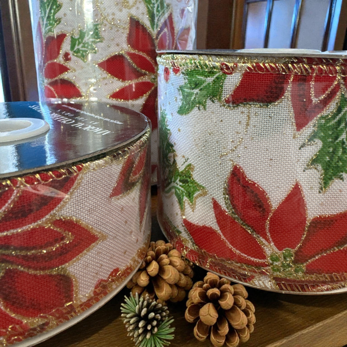 Poinsettia and Holly Berry Wire Ribbon